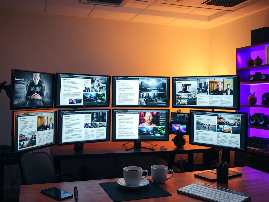 Creative workspace with multiple script monitors