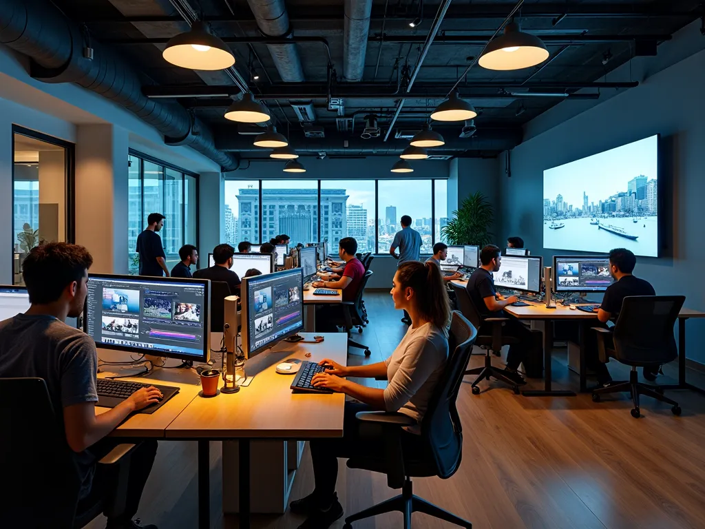 Production team working at editing workstations in open office
